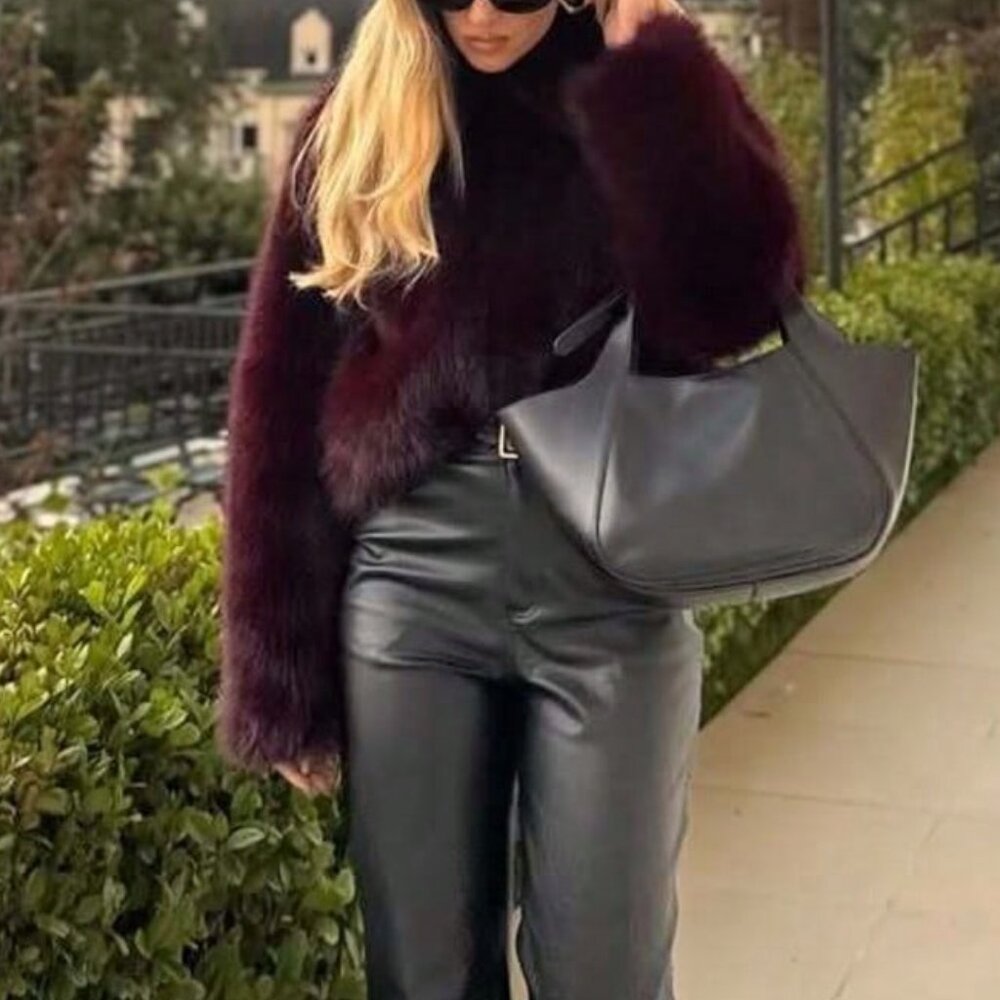 Burgundy Party Women's Casual Minimalist Faux Fur Jacket - Picture 4 of 4